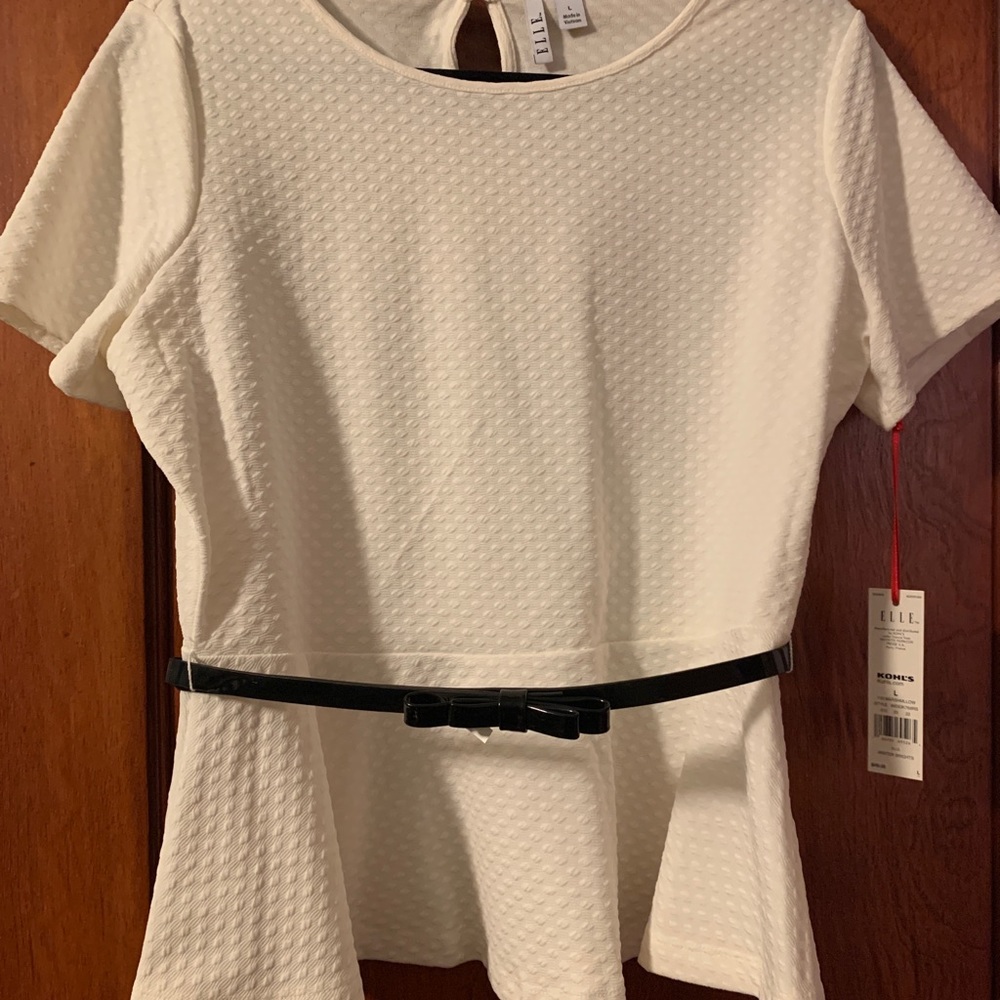 NWT Elle Peplum White Black Bow Belt Dress Shirt